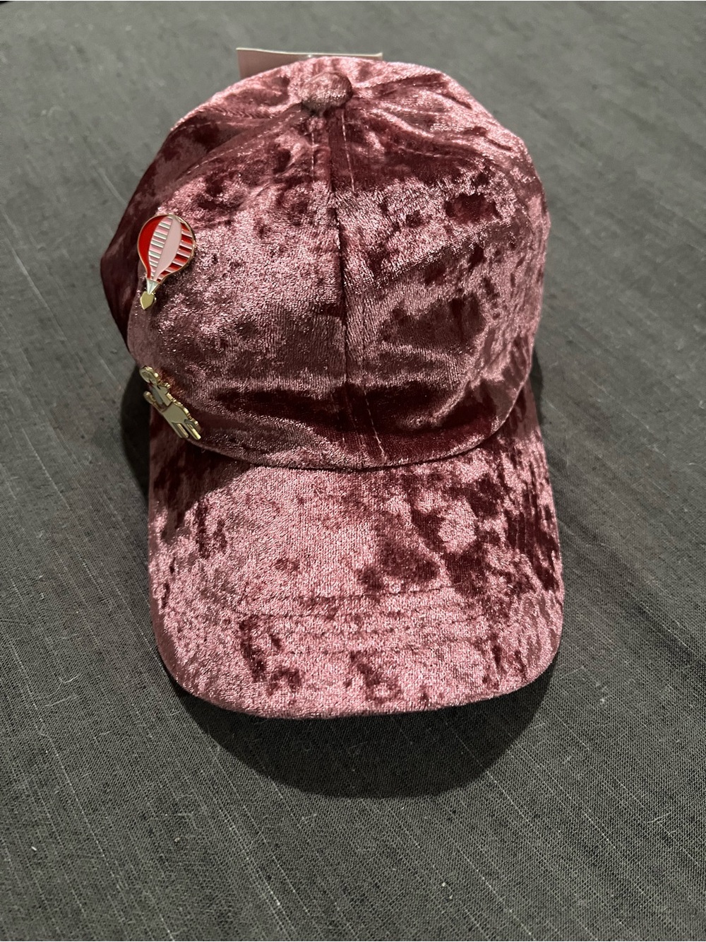 Crushed Velvet Mauve Pink Baseball Cap with Fun Enamel Pins